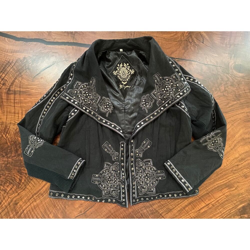 Biya Johnny Was Black Studded Embroidered Cotton Blazer Jacket M Gothic Boho